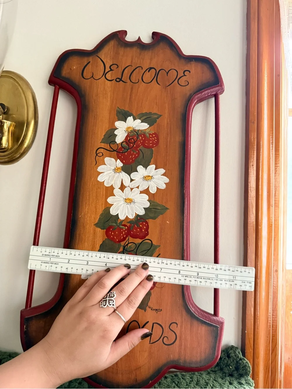Welcome Friends Wooden Wall Sign - Red and Brown with Strawberries